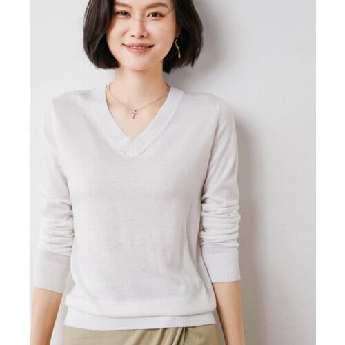 2021 spring and autumn new V-neck wool sweater women loose and thin pullover long sleeve all-match knitted bottoming shirt