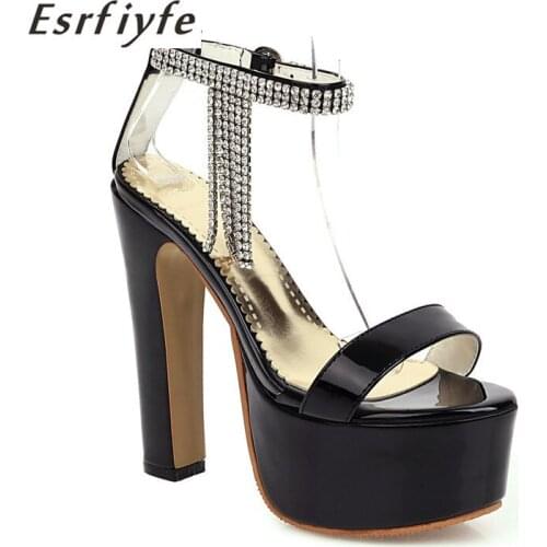 ESRFIYFE 2021 New Womens Peep Toe Platfrom Cross-tied Super High Heel Black Party Dress Sandals Sexy Shoes Woman Large Size 17