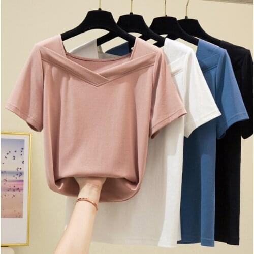 V-Neck T Shirt Women 2021 Summer Tops Short Sleeve T-Shirt Female Elasticity Korean Fashion Tshirt Woman Clothes Tee Shirt Femme
