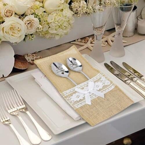 Natural Jute Linen Burlap Lace Pouch Cutlery Packaging for Wedding Party Birthday Decoration Accessories Tableware Supplies Bag