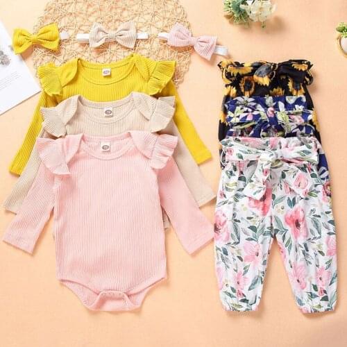 Newborn Infant Baby Girl Clothes Long Sleeve Ruffle Solid Tops+Floral Bowknot Pants+Headband Set 3 6 12 18 Months bebe ropa