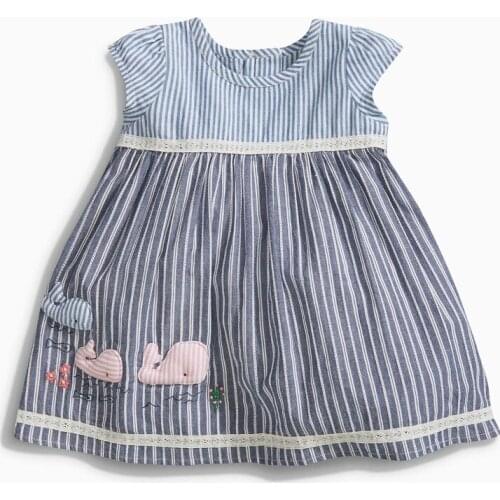 Little Maven New Summer Kids Gray Striped Applique Whale Girls 2-7yrs Short-sleeve Patchwork Cotton Woven Casual Dresses