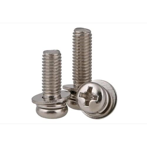M4 M5 M6 Nickel Plated Cross Three Combination Screw Pan Head With Pad Screw Round Head Cross Three Combination Screw 50 Pcs