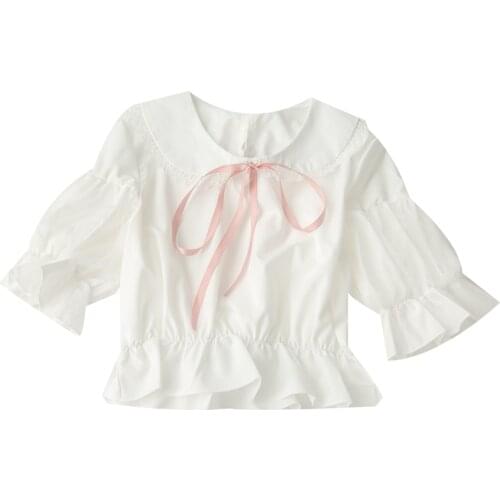 Cute Shirt Women Summer Loose Peter Pan Collar Lace Trim Mesh Sleeve Kawaii Girl Short Top with Ribbon Sweet Lolita Blouse White