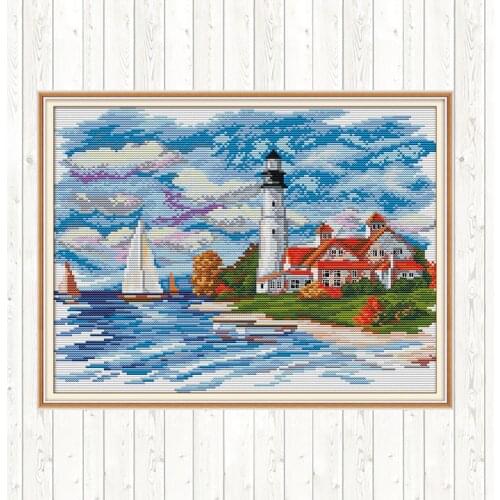 Cross-stitch Set Seaside Lighthouse Scenery Painting for Needlework Counted 14ct DMC DIY Print Canvas Fabric for Embroidery Kit