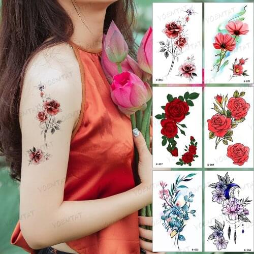 Waterproof Temporary Tattoo Sticker 2021 Summer New Red Color Rose Flower Tatoo Art Arm Flash Tatto Man Woman Child Fake Tattoos