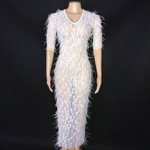 White Feather Stones Mesh Sexy Dress Birthday Celebrate Bling Outfit Prom Female Singer Show Dance Costume Long Dress