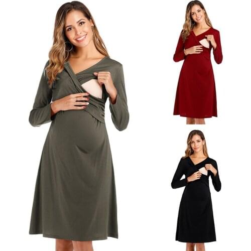 2021 Maternity Long Sleeve Dresses Nursing Clothes Women Pregnancy V-Neck Summer Dress Soft Clothes for Pregnant Women Dresses