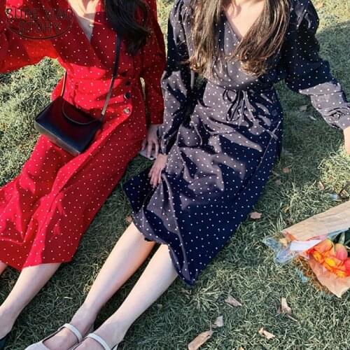 Sweet V-neck Lace A-line High Waist Dot Chiffon Women Dress Autumn and Winter 2021 Long Sleeve Dress Midi Long Dresses 10149