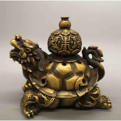 Chinese Pure Brass Dragon Turtle Incense Burner Statue