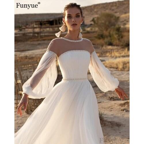 Ivory Princess Wedding Dress Pearls Beaded Illusion Neck Tulle Long Sleeve A-Line Boho Bride Gown 2021 New Vestido de Noiva