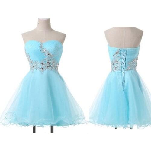 Strapless Light Blue Bridesmaid Dresses Beaded Tulle Short Maid of Honor Robes Tiered Wedding Party Gowns