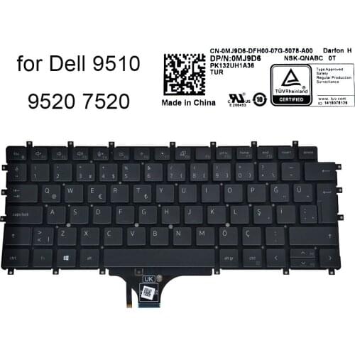 Turkey keyboard backlight for Dell Latitude 7520 9520 9510 2 in 1 0MJ9D8 TR turkish laptop keyboards backlit sale PK132UH1A36