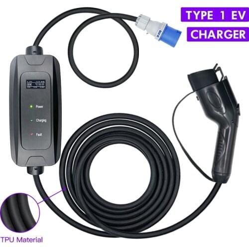 SAE J1772 Type 1 EV Plug 16A/20A/32A Adjustable Portable EVSE Mode 2 Charger With 5M Black Cable Various Plugs