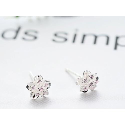 Cherry blossoms pink CZ earring 100% 925 Sterling silver Jewelry fashion Hypoallergenic Stud earrings for women girl gift