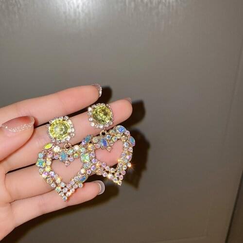 Origin Summer Hyperbole Colorful Rhinestone Heart Drop Earrings for Women Metal Hollow Love Large Dangle Earring Luxury Jewelry