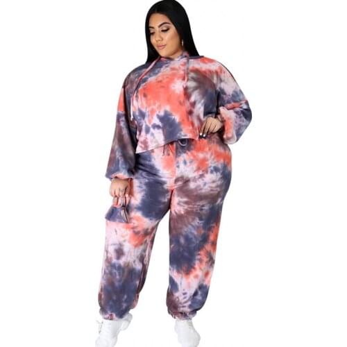 Casual Two Piece Set Women 4XL Plus Size Hooded Crop Tops Outfits Autumn New Tie Dye Print Sweat Pants Suit Tracksuit Women Sets