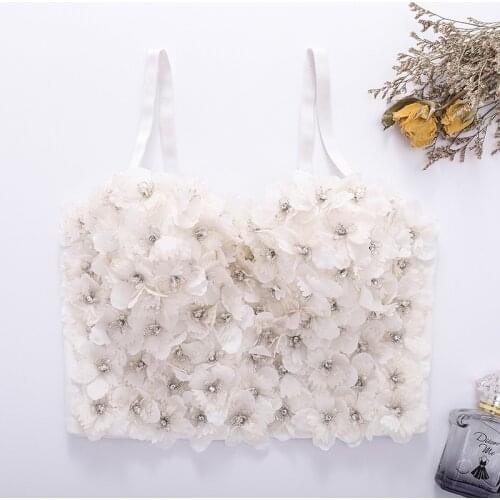 2021 New Women Camisole Top Beading Diamonds 3D Flower Korean Fashion Elastic Crop Top Bustier Bra Night Club Party Tank Tops