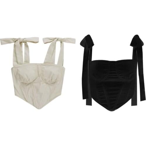 Women Tie Up Strap Crop Top Sexy Square Neck Backless Fish Boned Corset Camisole Solid Color Vintage Bustier Body Shaper