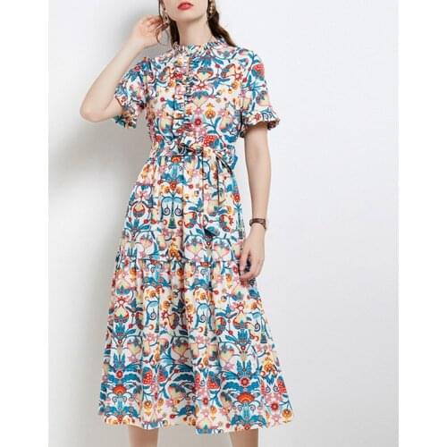 Elegant Slim Short Sleeve Vintage Dress For Women 2021 Summer Designer Ruffles O-Neck Flower Print Casual Party Midi Vestidos