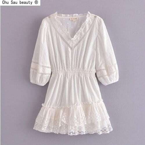 2021 Early Autumn New French Fashion Vintage V-Neck Embroidery Cake Layered Lace Stitching Dress Women Solid Color Vestido