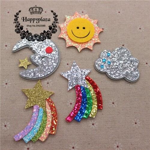 5pcs Glitter Non-woven Leather Fabric Sun /Moon /Rainbow Star/Cloud Applique Patches Accessories DIY Craft Decoration