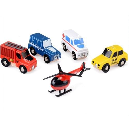 5pcs train car and Helicopter Rescue vehicle combination Scene toy ABS wooden rail car set wooden block fit biro track