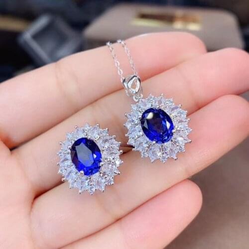 Elegant Sapphire Jewelry Set Natural And Real 925 Sterling Silver Fine Jewelry 1pc Sapphire Ring,1pc Sapphire Pendant