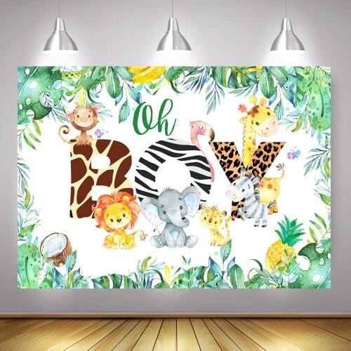 Oh Boy Safari Party Decor Background Newborn Animals Baby Shower Photography Backdrop Jungle Forest Leaves Coconut Photocall