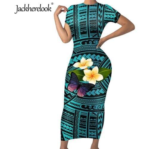 Jackherelook Polynesian Tattoo Vintage Tribal Hibiscus Brand Design Elegant Women Sexy Bodycon Dress Slim Party Pencil Dresses