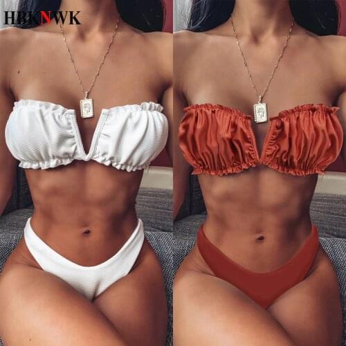 Sexy Bandeau Bikini Swimsuit Women Swimwear V-Neck Biquinis Bathing Suit Beach Wear Summer Bather 2020 New Push Up Bikini Set