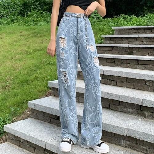 Summer Design Sense Chain Jacquard High Waist Wide Straight Loose Hole Pants Hanging Leg Pants Mop Trousers 2021 Streetwear