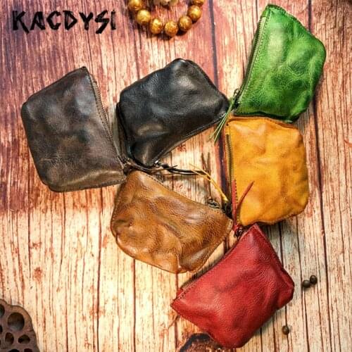 Real Leather Mini Unisex Coin Purse Hand Colored Vintage Vegetable Tanned Cowhide Slim Zipper Small Wallet Cards Case Coin Pouch