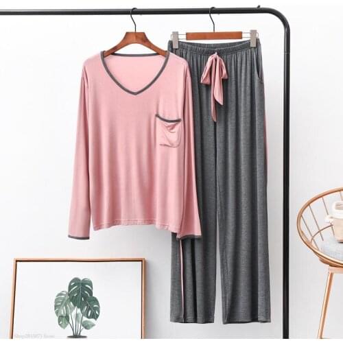 Modal Solid Color Pajamas Women V-neck Long-sleeved Trousers 2 Pieces Casual Pajamas Set Large Size Outdoor Home Clothes