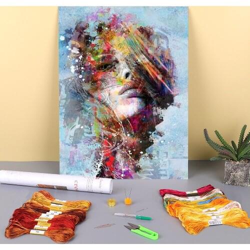 Woman Portrait Graffiti Printed Water-Soluble Canvas 11CT Cross Stitch Set DIY Embroidery DMC Threads Painting Sewing Sales