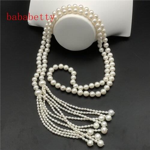 New natural 9-10MM freshwater necklace pearl 3-4MM rice shape 50 inches Pearl sweater chain necklace