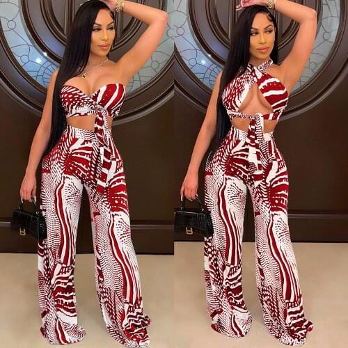 New Style Sexy Hollow Out Bandage Printing Bikini Plus Size Women Clothes Wide Leg Pants Outfit European Nightclub Suit YS1507