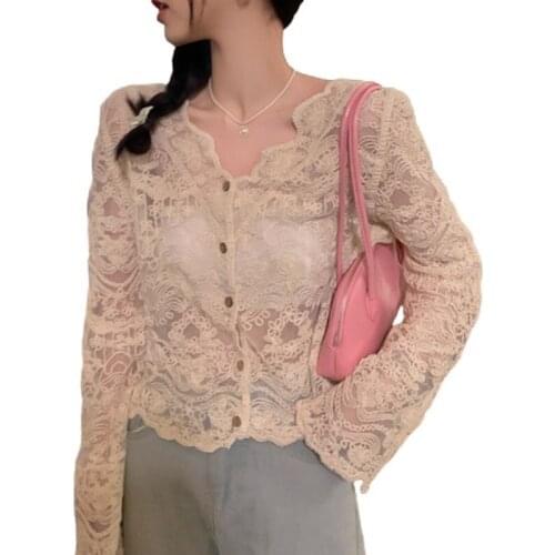 PERHAPS U Women High Street Lace Hook Flower Hollow Straight V-Neck Flare Sleeve Single Breasted Shirt Blouses Female Tops B3091