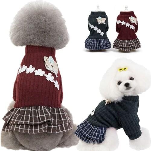 Cute Flower Dog Dress Tutu Skirt Winter Puppy Clothes Princess Dog Plaid Dress for Small Dog Clothes for Chihuahua Yorkie S-XXL