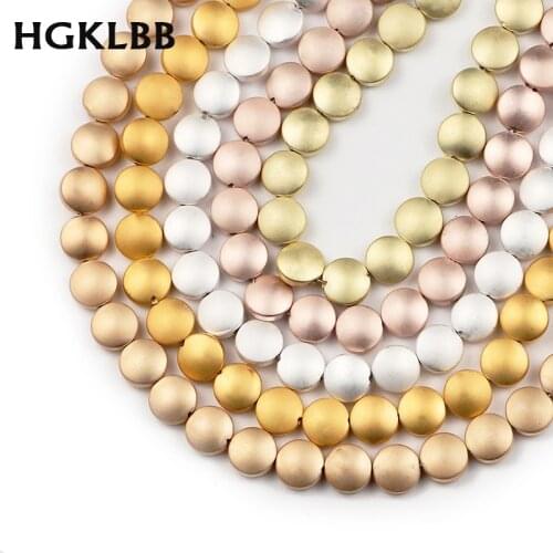 Natural Matt Stone Rose Gold Silvers Flat Round Hematite 8mm 48pcs coin loose Spacer Beads For Jewelry Making Diy Bracelet