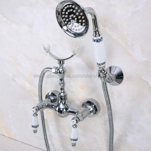 Polished Chrome Wall Mounted Bathroom Faucet Bath Shower Mixer Tap With Hand Shower Head Shower Faucet Sets Kna265