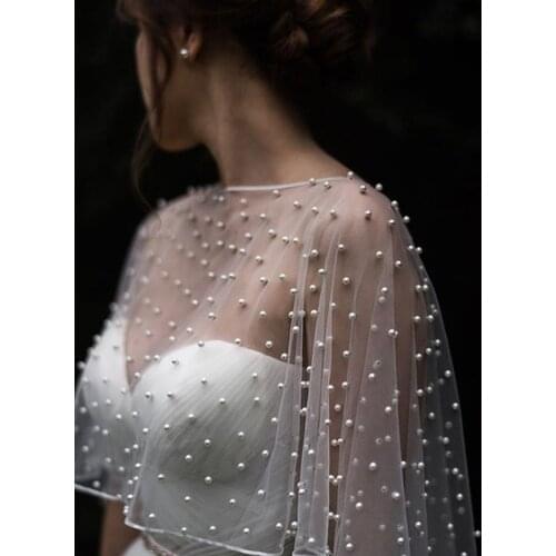 Popodion Short Mesh Pearl Shawl Wedding Accessories Bridal Capes for Wedding Dress Wedding Shrug WAS10231