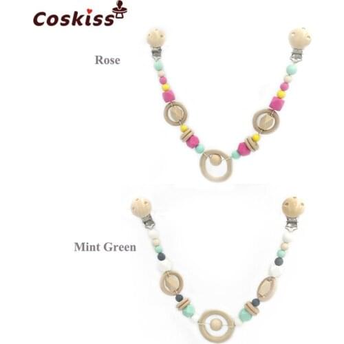 Baby Pacifier Clip Teether Baby Wooden Toys Food Grade BPA Free Silicone Beads Baby Teethers Game Gym Stroller Wooden Teether