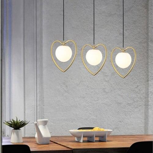 Simple Nordic led glass heart-shaped chandelier round chandelier restaurant cafe bedroom bedside iron chandelier