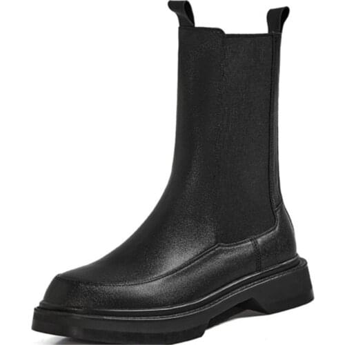 RASMEUP Top Quality Leather Motorcycle Boots For Women Platform Thick Botton Round Toe Shoes Woman Chunky Heels Ankle Boots