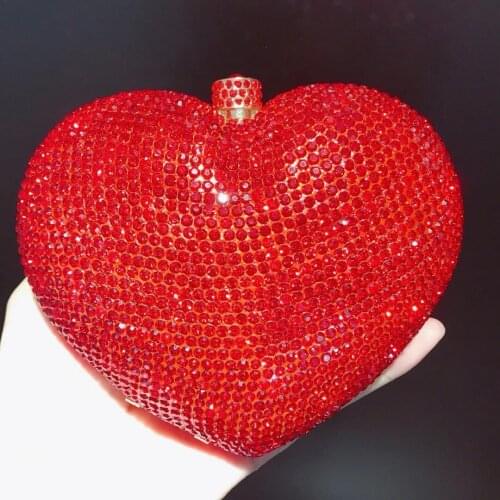 Luxury Red Rhinestone Heart-Shaped Evening Clutches Bags New Fashion Women’s Shoulder Party Purses Elegant Mini Chain Handbags