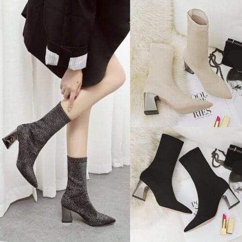 Boots Sock Shoes Luxury Designer Boots-Women Stockings Fashion Ladies High Heel Rock 2020 Mid-Calf Mid Calf Pointy Rubber