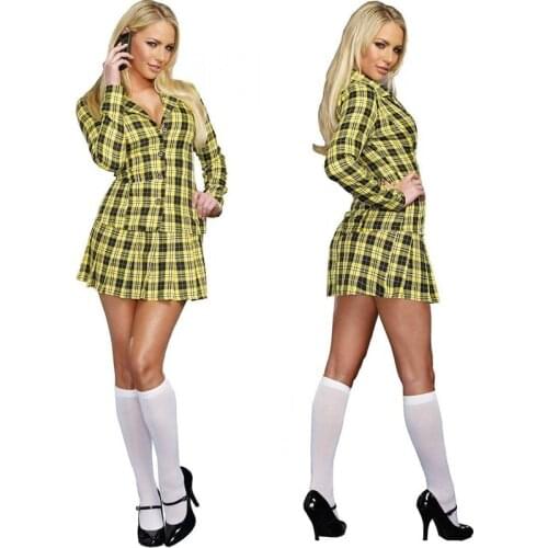 Sexy Long Sleeve Adult Naughty School Girl Costume Yellow Plaid Student Uniform Set Halloween Party Cosplay Schoolgirl Costumes