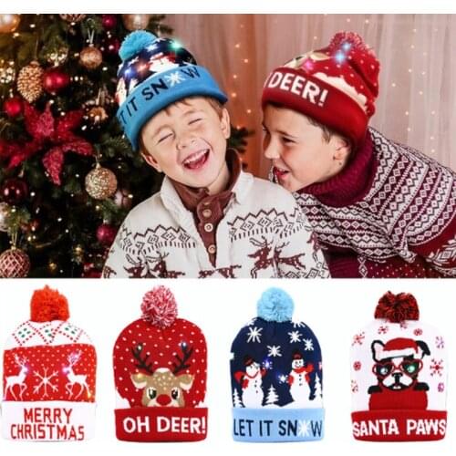 LED Christmas Knit Cap Kids Sweater Christmas Santa Light Up Knitted Winter Hat for Children Xmas Decoration Party Warmer Cap
