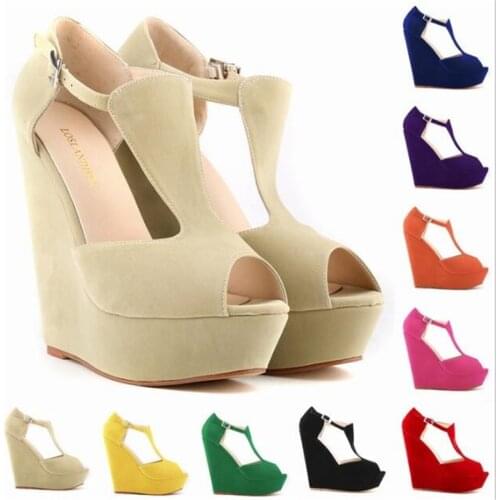 Women Pumps Wedges High Heeled Shoes Nude Sexy Wedding Party Peep Toe Flock 14CM heels Buckle Strap mujer bombas size 35-42